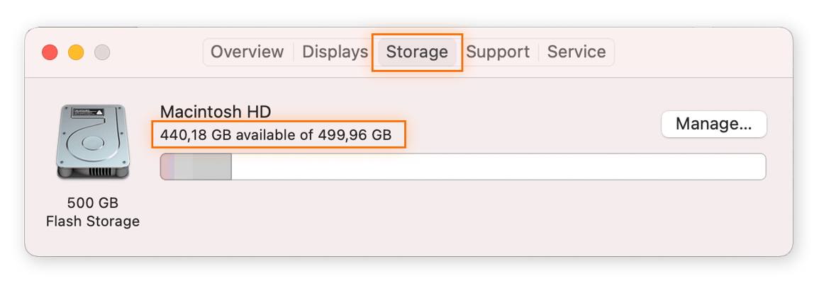 Visualização do armazenamento disponível no macOS Catalina.