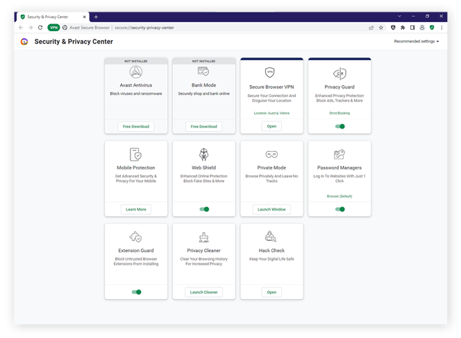 Central de Segurança e Privacidade do Avast Secure Browser para Windows 10