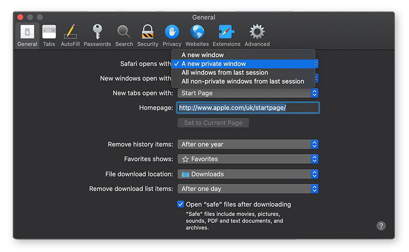 Configuration de Safari pour qu’il ouvre une nouvelle fenêtre privée dans les préférences de Safari pour macOS