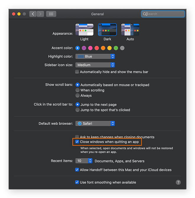 Configuration de macOS pour que les fenêtres soient fermées en quittant l’application, dans la section Général des préférences système