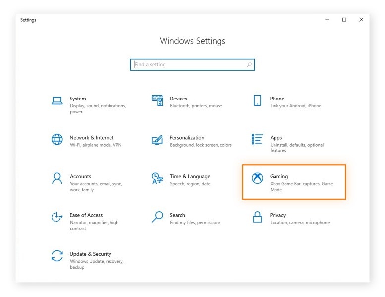 Accès aux paramètres de jeu sous Windows 10 dans le menu Paramètres de Windows