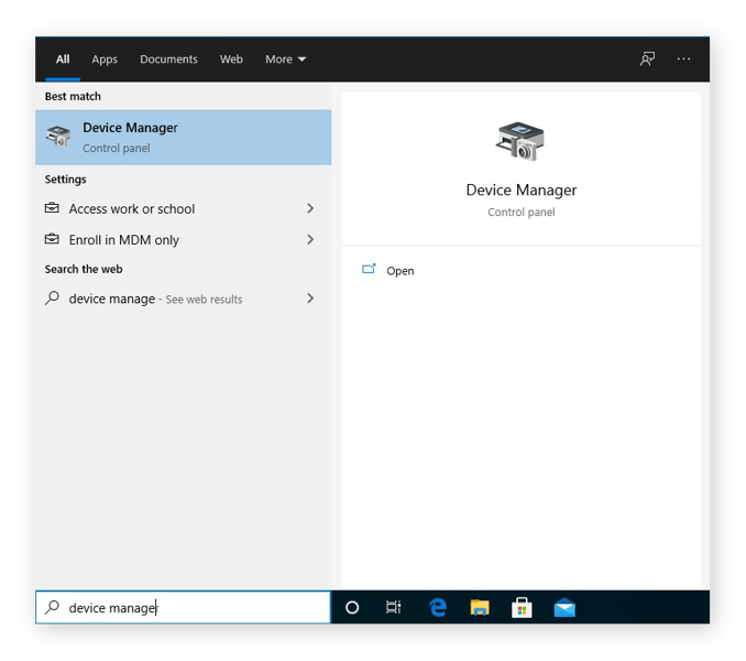 Acceder al Administrador de dispositivos desde la barra de búsqueda en Windows 10