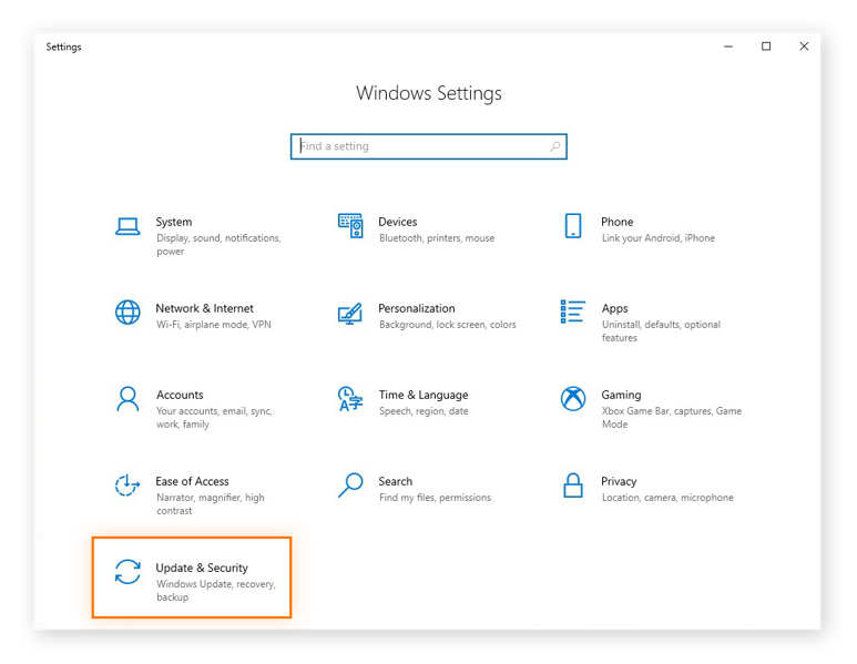 Abrir las opciones de Actualización y seguridad desde el menú Configuración de Windows 10