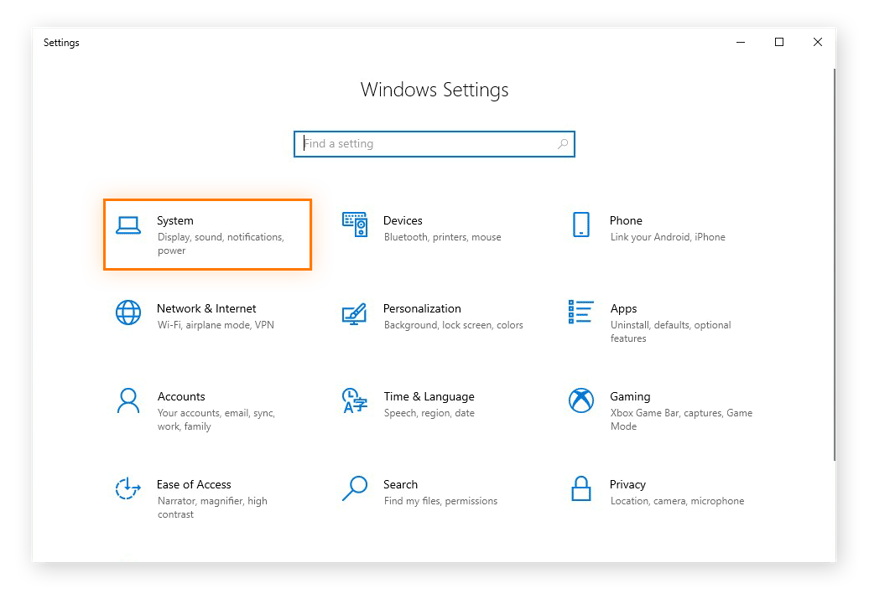 Abertura das configurações do Sistema no Windows 10