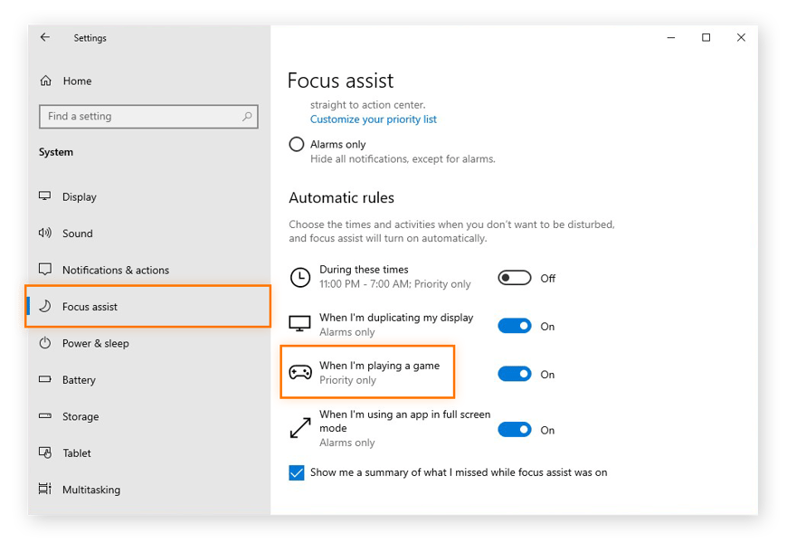 La configuración del Asistente de concentración en Windows 10