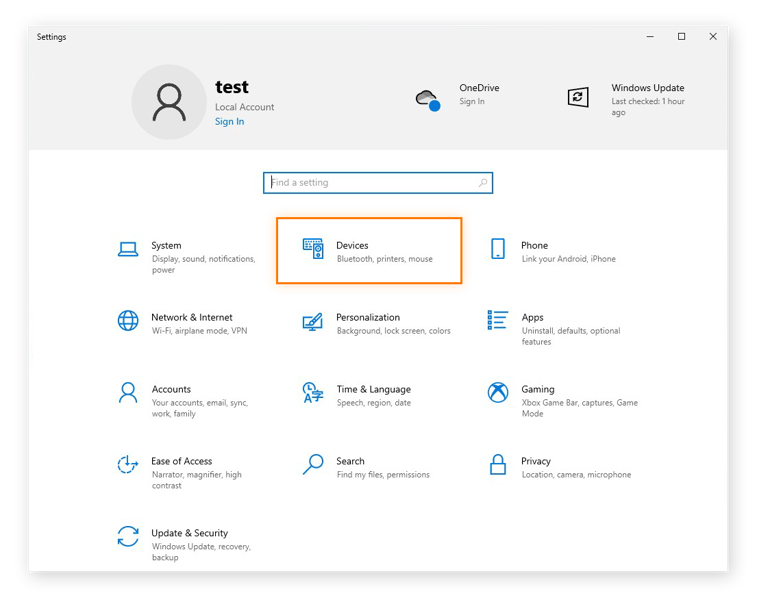 Abrir la configuración de Dispositivos en Windows 10