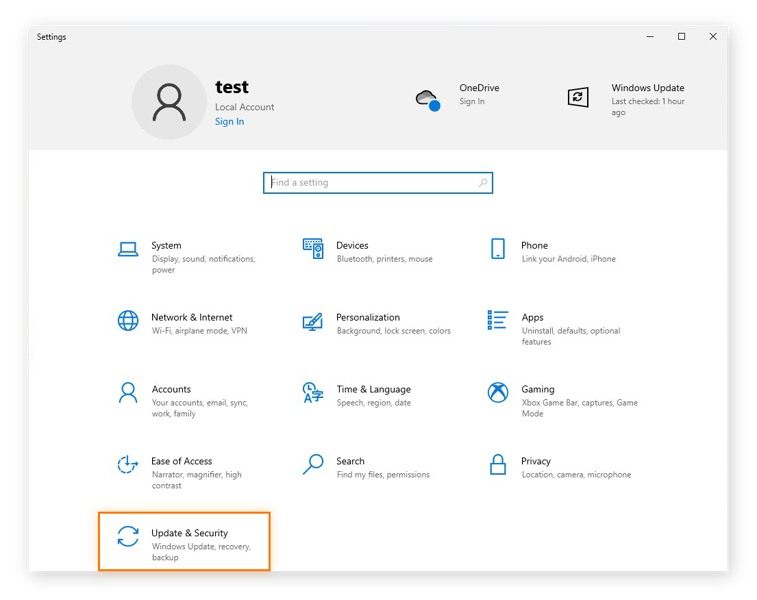 Abrir la configuración de Actualización y seguridad en Windows 10