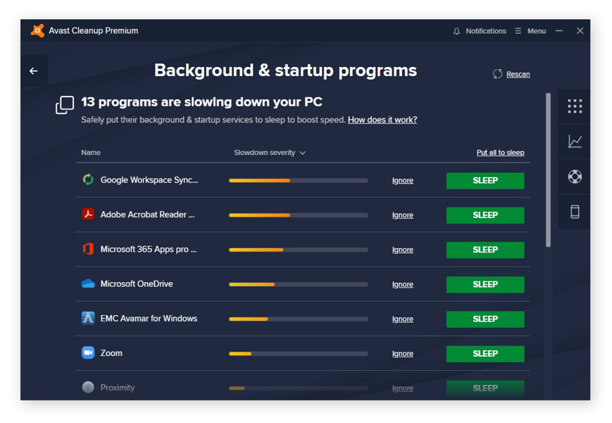 Mise en veille des programmes de démarrage et en arrière-plan avec Avast Cleanup sous Windows 10