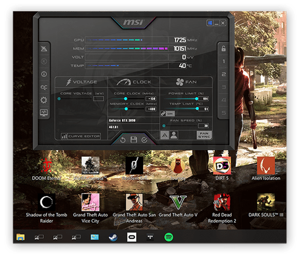 Um overclock de GPU mostrado no MSI Afterburner no Windows 10