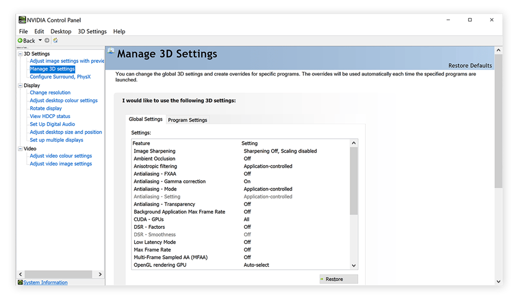 Las opciones de Gestión de la configuración 3D en el Panel de control de Nvidia para Windows 10