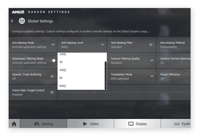 Ajuste dos níveis de anti-aliasing na central de controle AMD Radeon para Windows