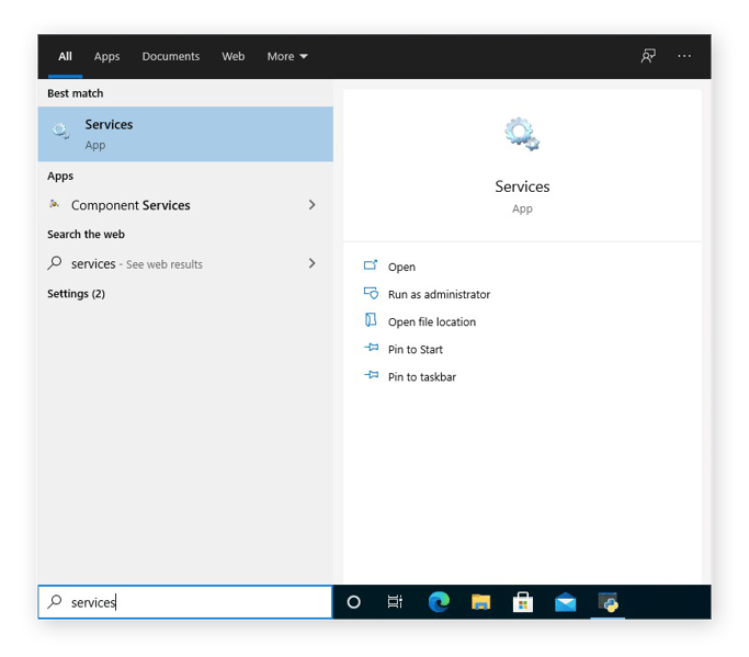 Recherche de l’application Services depuis la barre de recherche de Windows 10