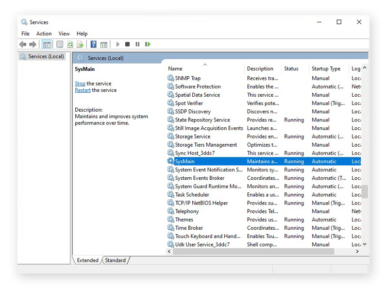 Buscar las opciones de SysMain en la aplicación Servicios de Windows 10