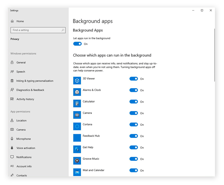 Las opciones de configuración de las aplicaciones en segundo plano de Windows 10