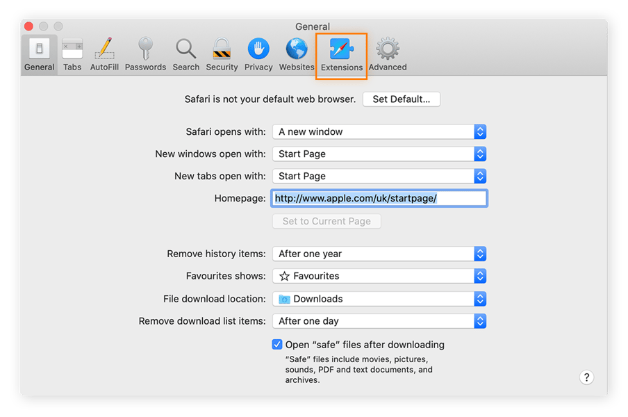 Safari-Einstellungsmenü mit ausgewählter Option „Erweiterungen“ im oberen Menü