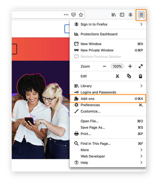 Firefox-Startseite mit geöffnetem Menü rechts oben: Im Dropdownmenüs ist „Add-ons“ ausgewählt.