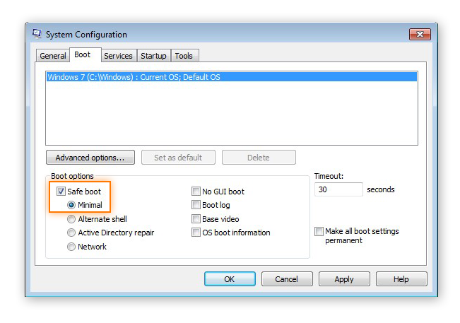 Configuring a Windows computer to reboot in Safe Mode in Windows 7