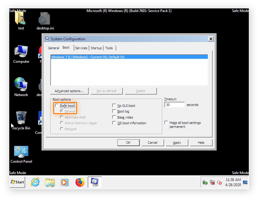 Configuring a Windows 7 computer to boot in normal operations mode within the System Configuration menu