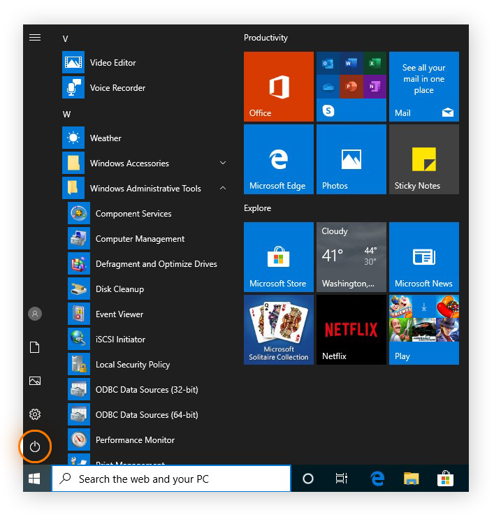 Menu Windows dans Windows 10 indiquant l’emplacement de l’icône Marche/Arrêt.