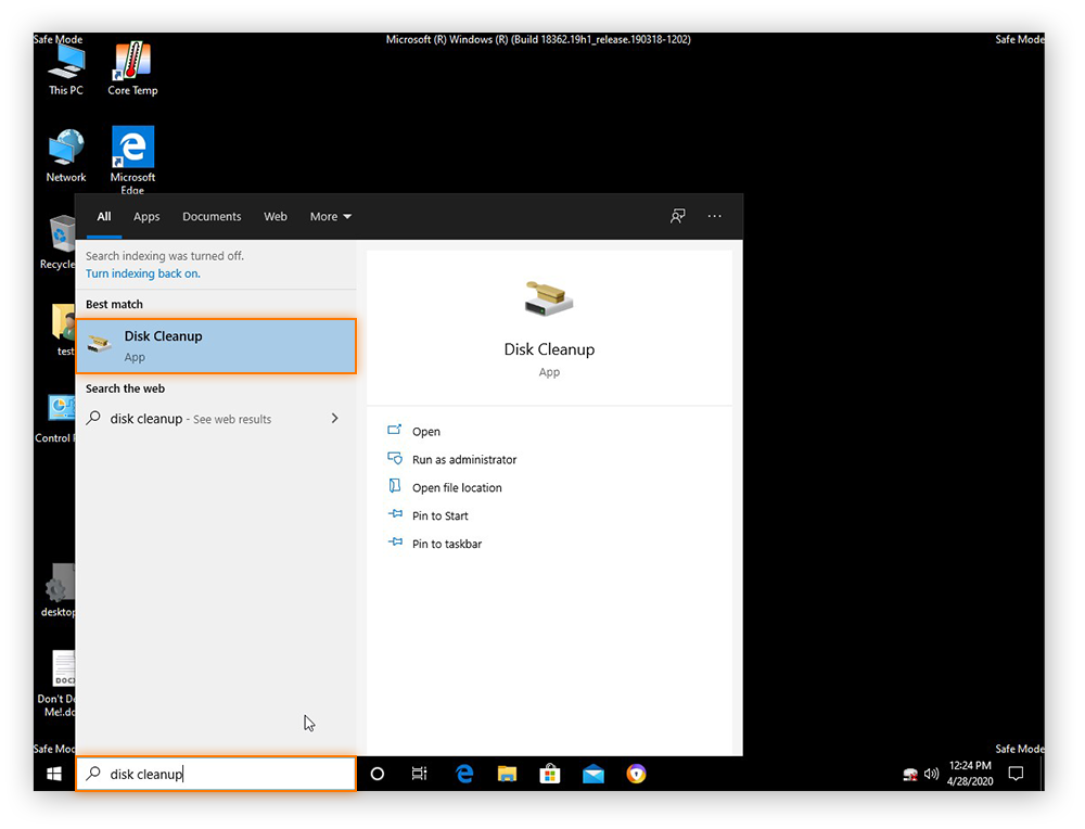 Searching for the Disk Cleanup app from the search bar in Windows 10