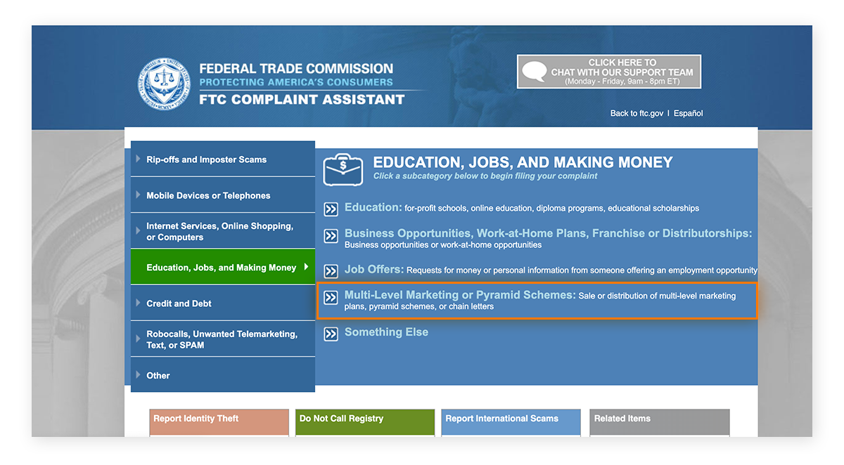 Puede denunciar el marketing multinivel y las estafas piramidales en el sitio web de la FTC