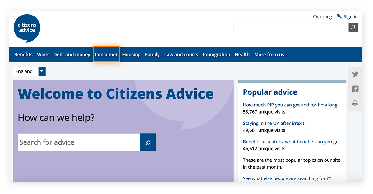 Zum Einreichen einer Betrugsbeschwerde bei Citizens Advice müssen Sie zunächst Verbraucher auswählen.