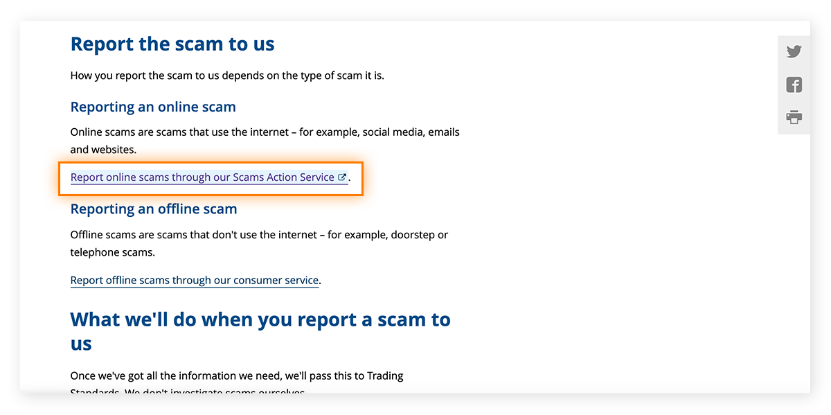 La page Web de Citizens Advice avec un lien de signalement en ligne auprès du Scams Action Service