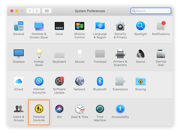 Paso 2 para establecer controles parentales en Mac. Busque el icono de controles parentales.