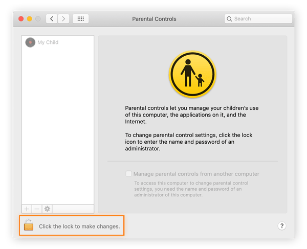 Configuration du contrôle parental sur Mac : étape 3. Déverrouillez le Contrôle parental en cliquant sur le cadenas.