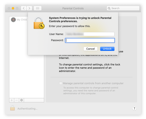 Paso 3 para establecer controles parentales en Mac. Escriba la contraseña para abrir los controles parentales y seleccione una cuenta.