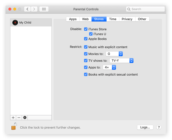 El panel de navegación Tiendas en Controles parentales permite restringir o permitir el acceso a iTunes y Apple Books.