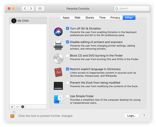 L’onglet Autre du panneau Contrôle parental vous permet notamment de désactiver Siri et d’empêcher la modification du Dock.