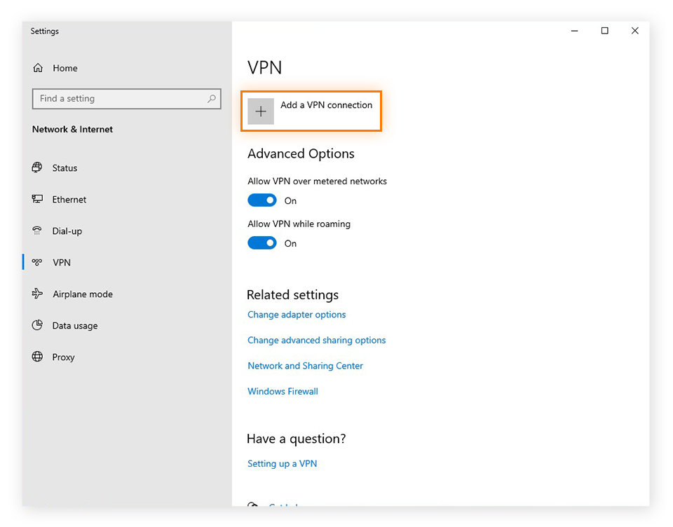 The VPN menu in Windows 10, showing how to add a new VPN connection.