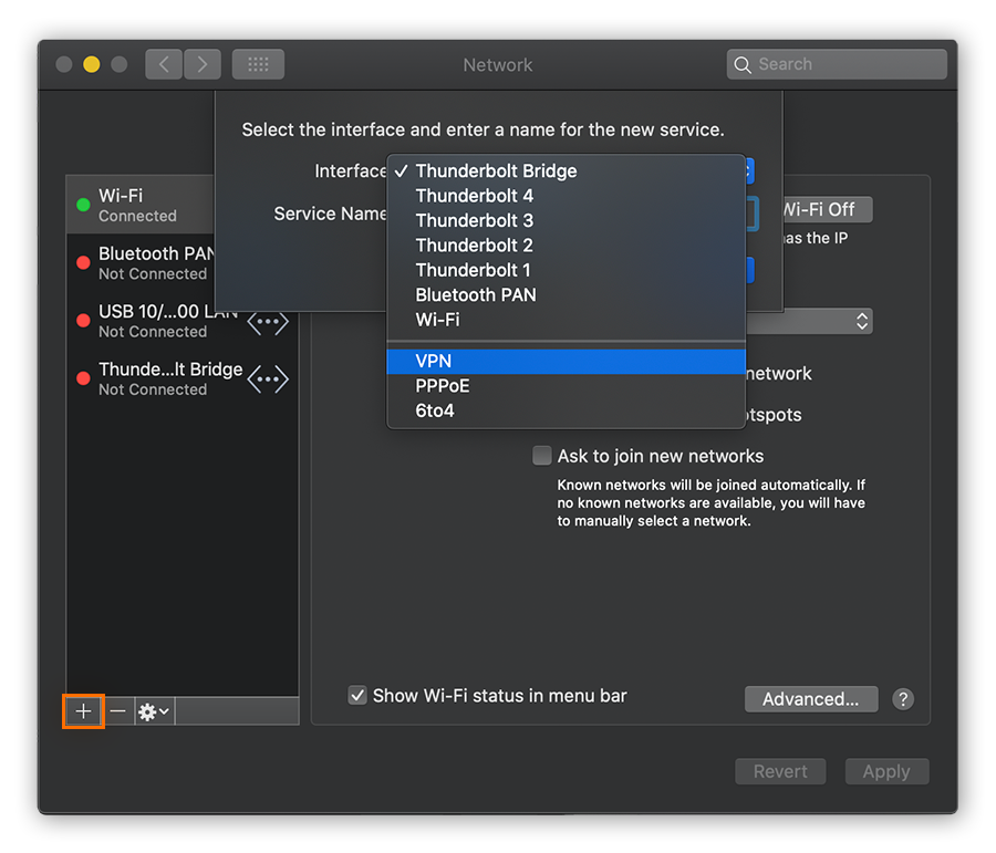 Choosing to add a new VPN in the Network settings of macOS Catalina