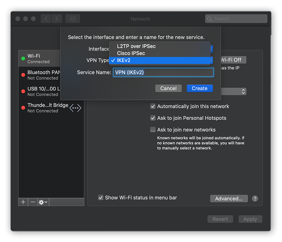 Selecting a VPN protocol when manually configuring a VPN in the Network settings of macOS Catalina