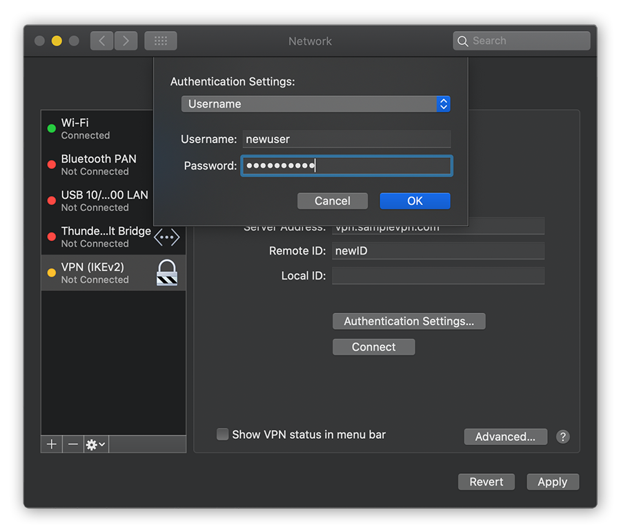 Entering the username and password for a new VPN in the Network settings of macOS Catalina