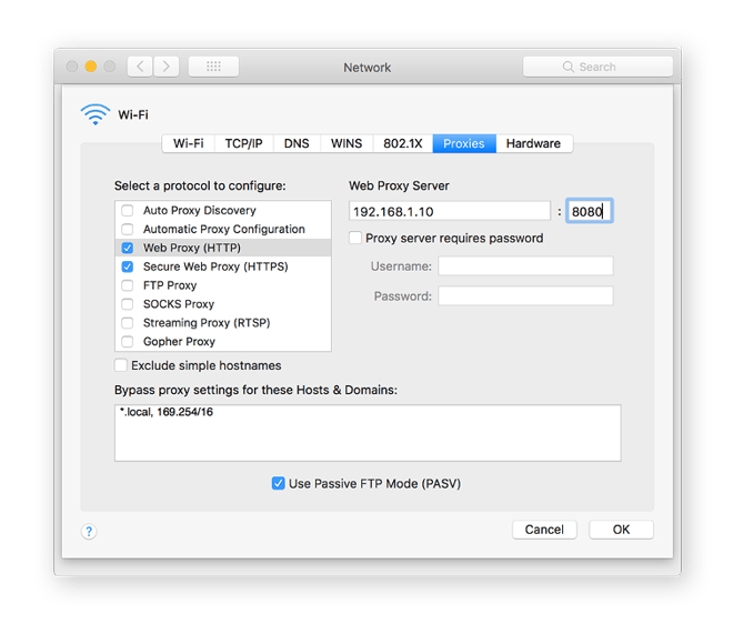 et macOS proxy server settings.