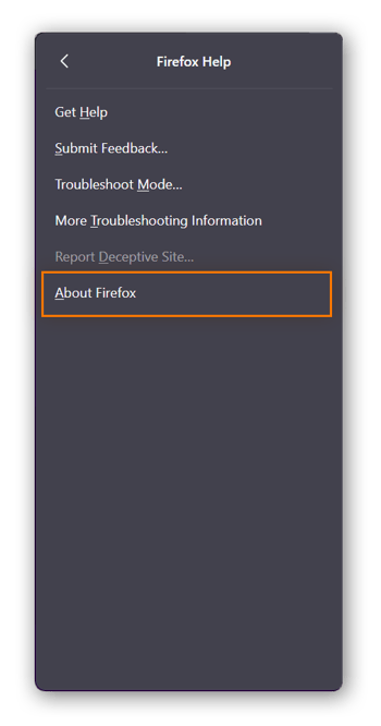 Menu d’aide dans le menu hamburger, avec l’option À propos de Firefox entourée.