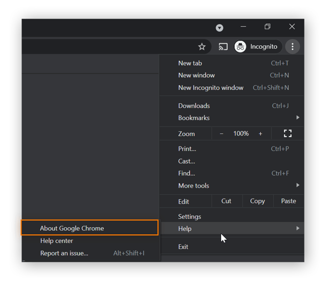 El menú de ayuda en el menú de tres puntos de Google Chrome, con Acerca de Google Chrome destacado