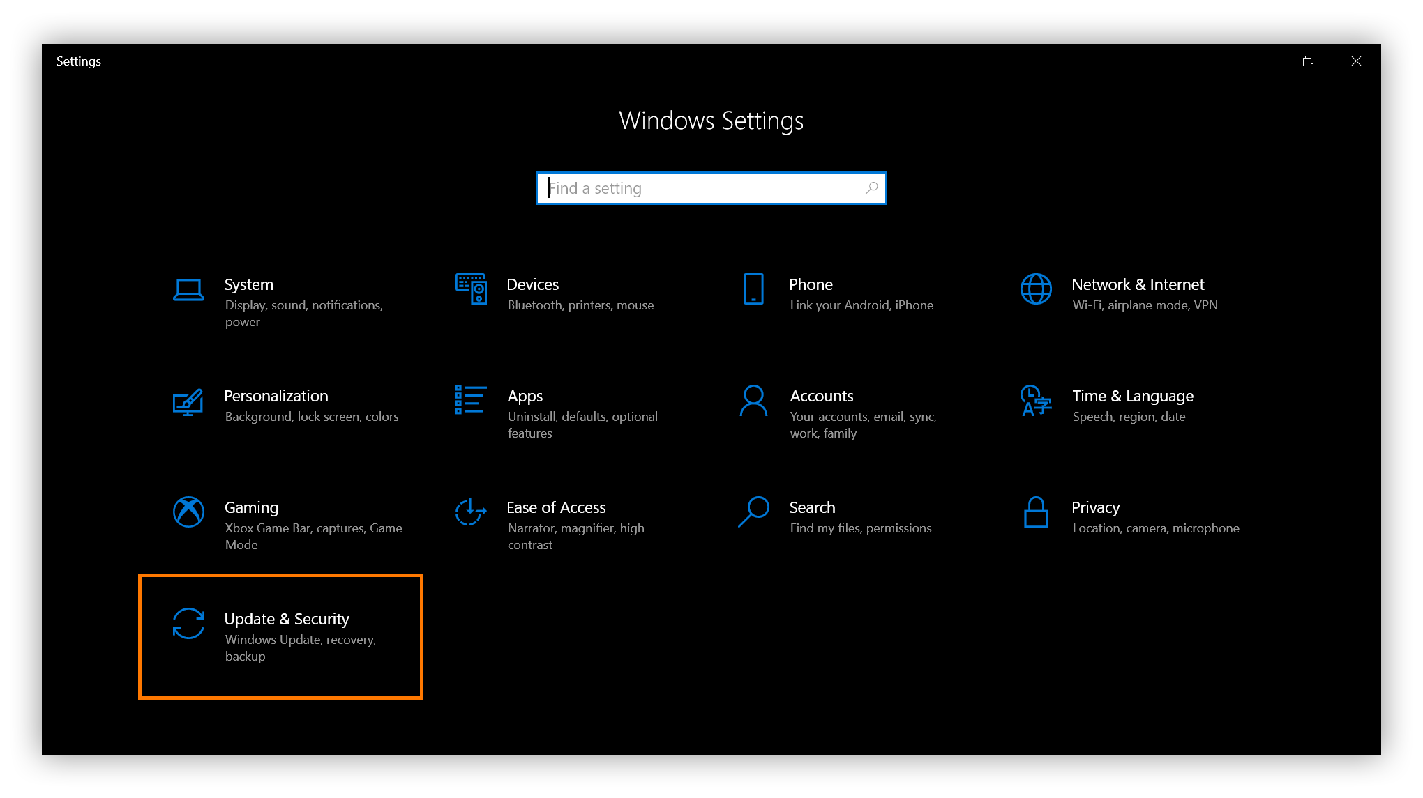 Capture d’écran des paramètres de Windows avec l’option Mise à jour et Sécurité entourée.