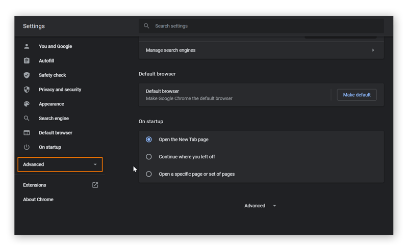 la parte inferior del menú de configuración de Google Chrome con Avanzado marcado.