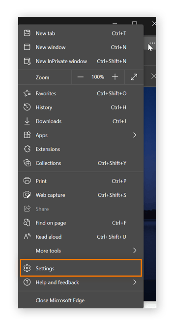 El menú de tres puntos en Microsoft Edge con Configuración marcado.