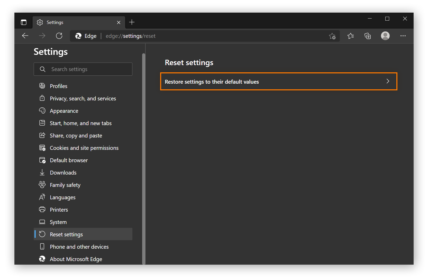 El menú de restablecimiento de la configuración en Microsoft Edge.