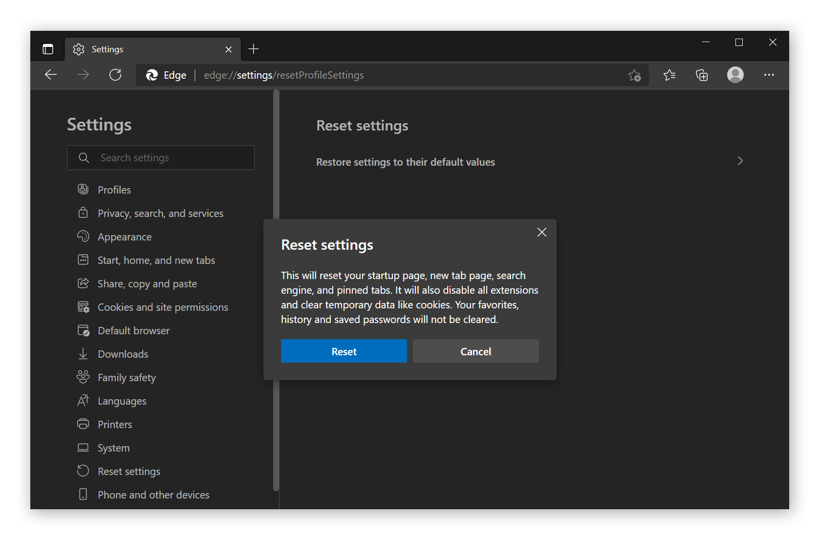 Invite de réinitialisation de Microsoft Edge et de suppression de toutes les données associées, à l’exception des favoris, de l’historique et des mots de passe enregistrés.