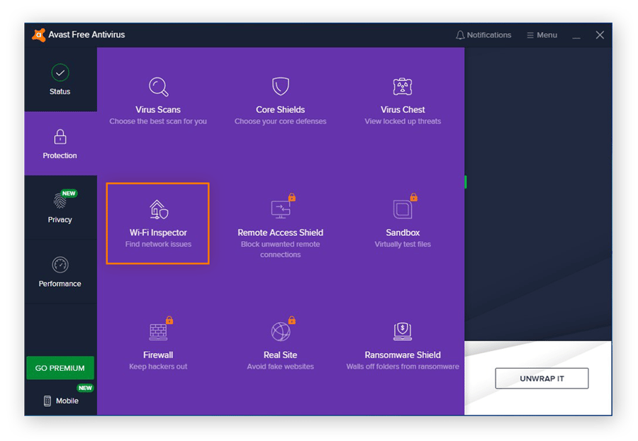 Abrindo o Verificador de Wi-Fi no Avast Free Antivirus para Windows 10