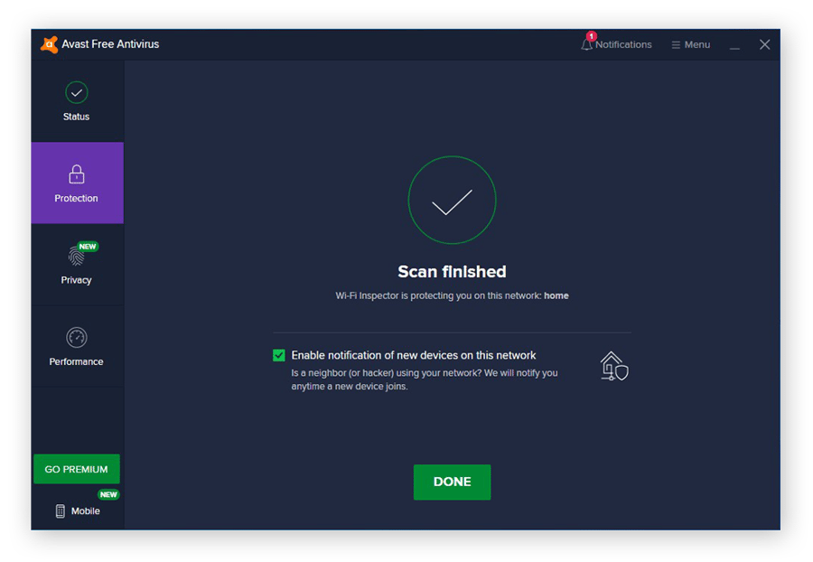 Uma verificação de Wi-Fi concluída com o Avast Free Antivirus