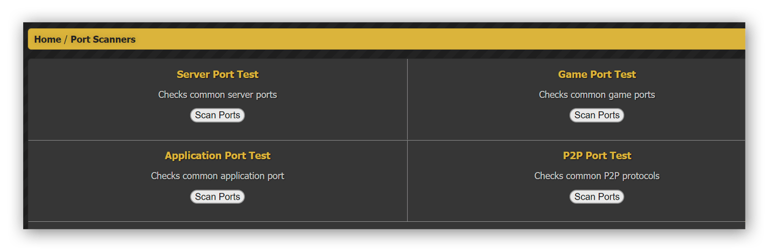 Port scanner options from the website whatsmyip.org