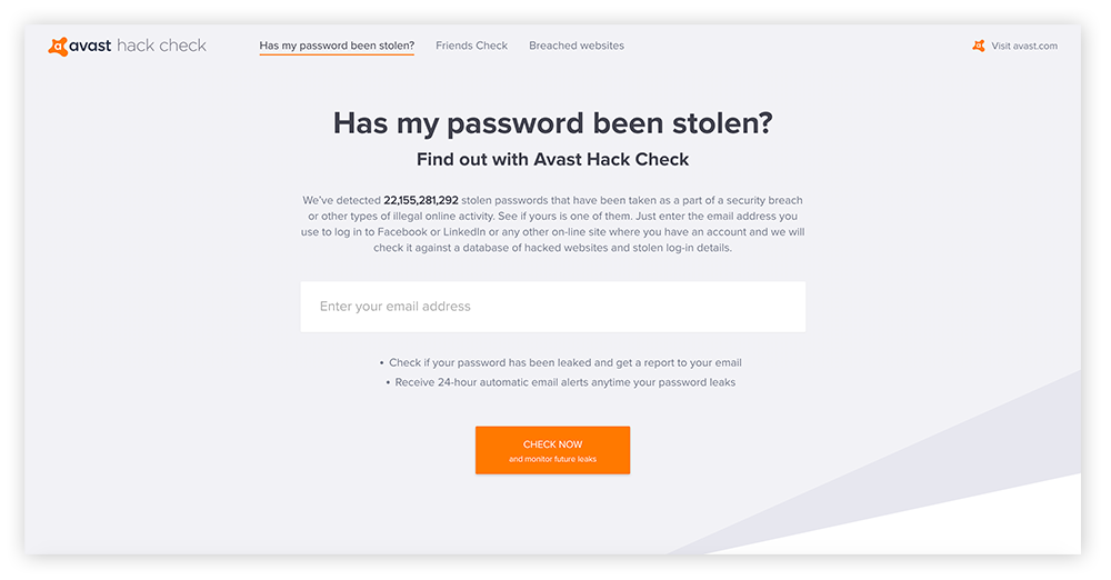 La herramienta Avast Hack Check sirve para ver si las credenciales de inicio de sesión de los sitios que utiliza se han filtrado.