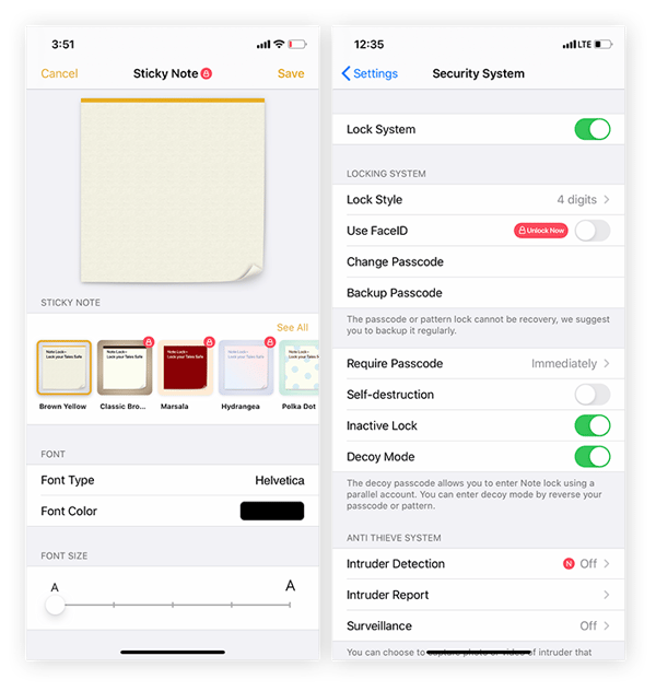  A customized pin-code or pattern lock ensures the safety of your NoteLock entries.