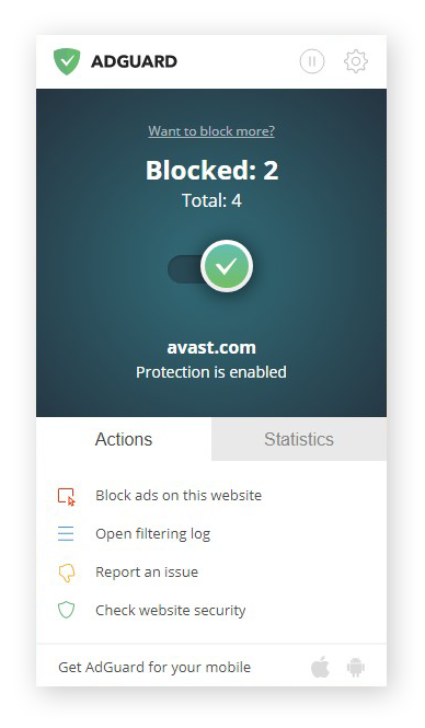 A interface do usuário da extensão AdGuard AdBlocker para Chrome no Windows 10